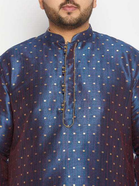 Vastramay Men's Plus Size Navy Blue Zari Weaved Kurta Dhoti Set